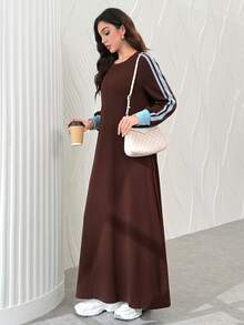 Al Najma Women Spring Autumn Casual Sporty Dark Brown Round Neck Striped Contrast Cuff Loose Long Sleeve Modest Dress For Daily Shopping Walking Outing - Coffee Brown - View 4