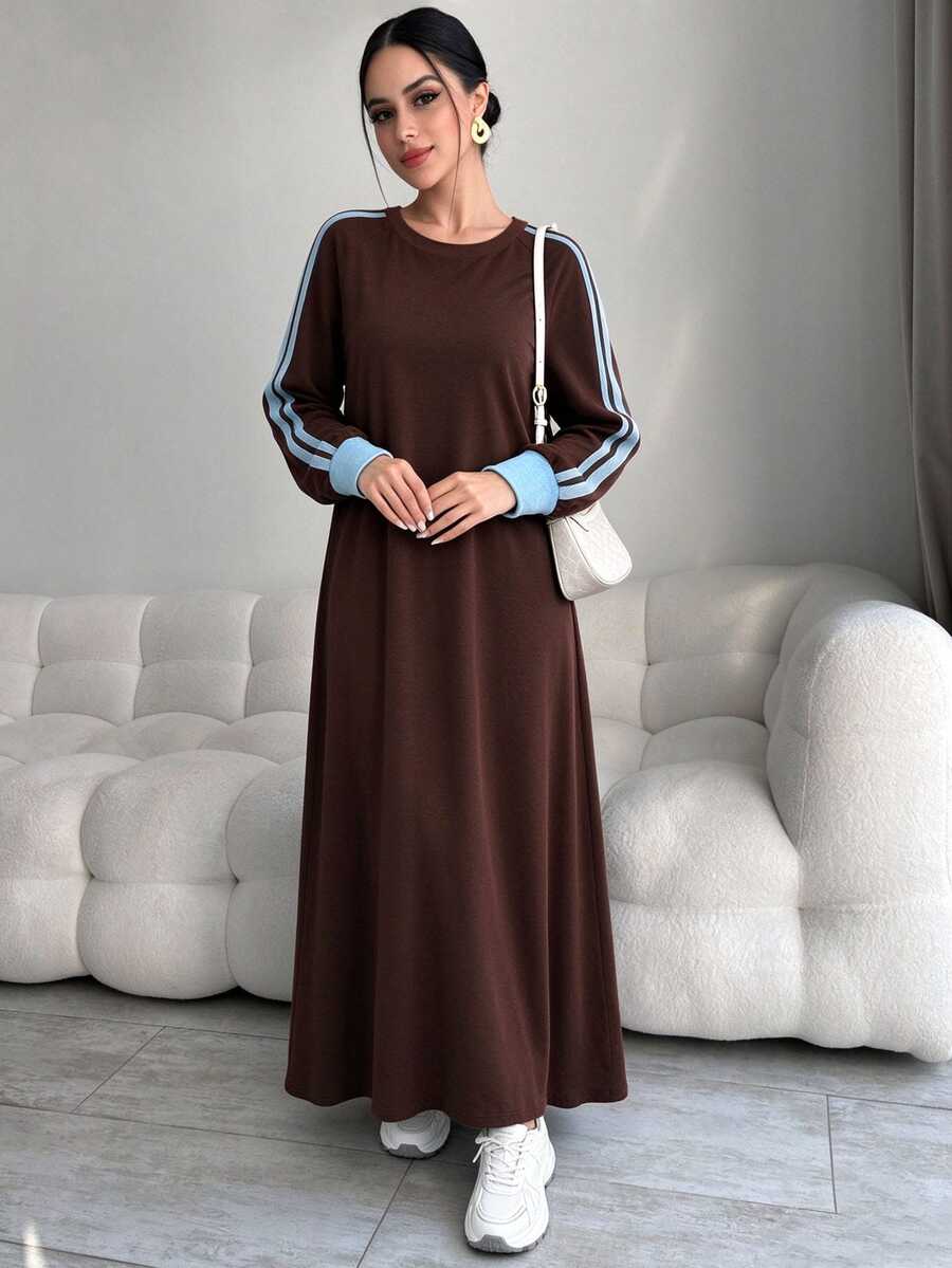 Al Najma Women Spring Autumn Casual Sporty Dark Brown Round Neck Striped Contrast Cuff Loose Long Sleeve Modest Dress For Daily Shopping Walking Outing
