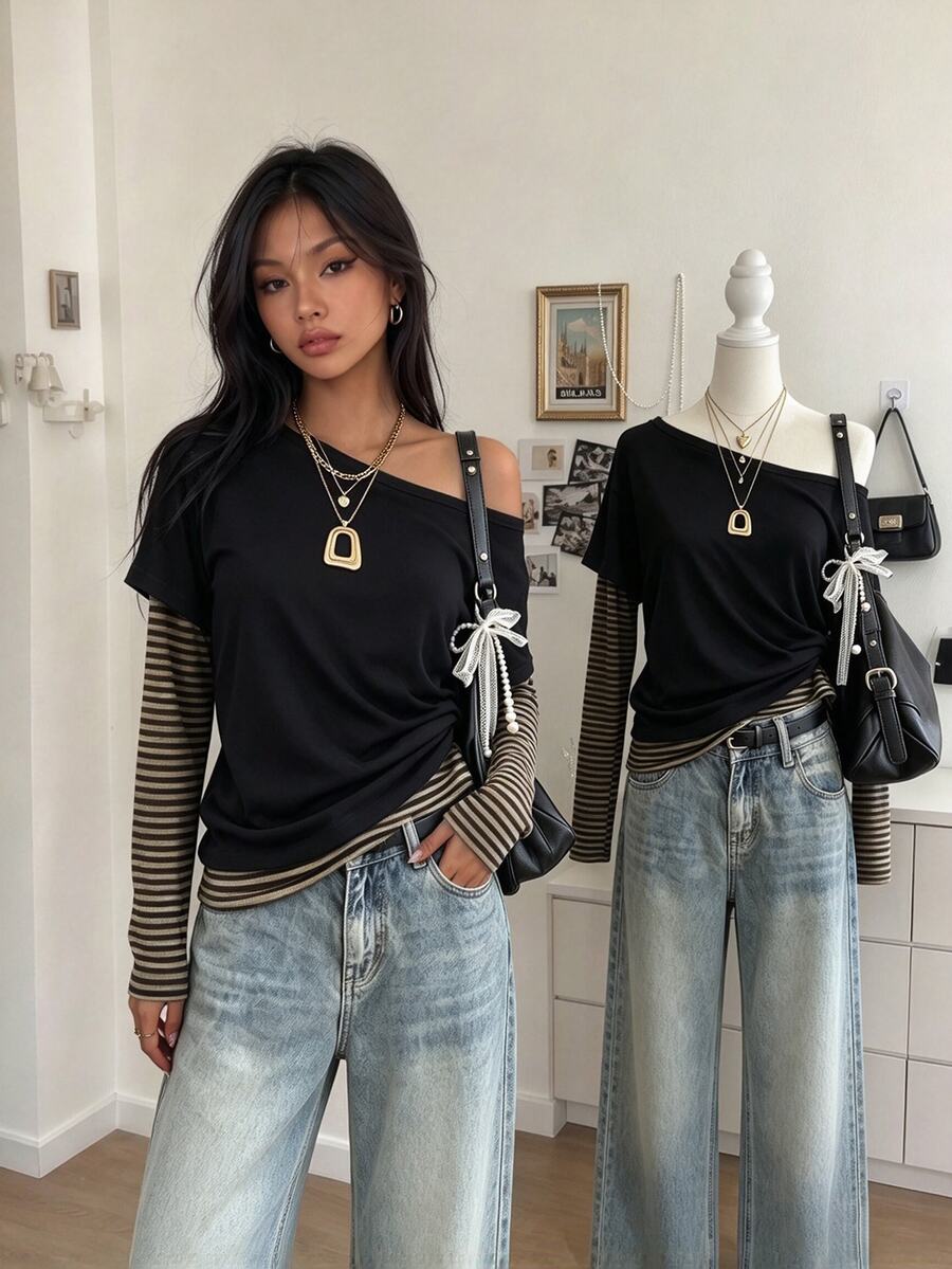 Lalippa Women's Y2K Off-The-Shoulder Oversized Striped Long Sleeve Layered Top,Back To School Outfit Autumn Winter Fit - Multicolor - View 1