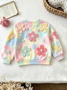 Girls' Loose Cute 3D Floral Print Sweatshirt, Blue And Yellow Pink White Crew Neck Long Sleeve Pullover Top School Fall - Multicolor - View 3