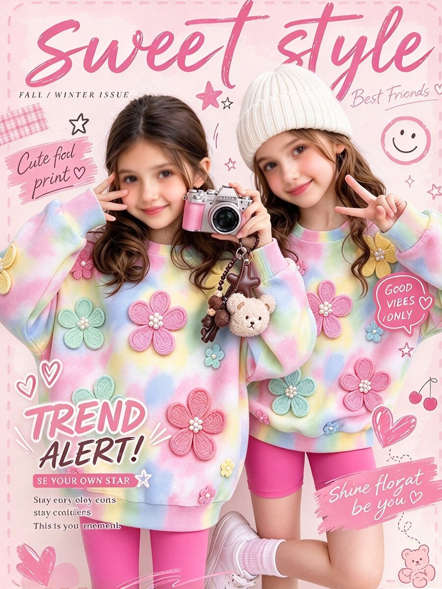 Girls' Loose Cute 3D Floral Print Sweatshirt, Blue And Yellow Pink White Crew Neck Long Sleeve Pullover Top School Fall - Multicolor - View 1