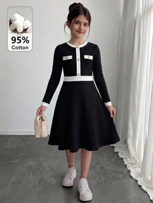 Tween Girl Elegant Black And White Color Block Button Decor Fitted Long Sleeve Midi Dress,Autumn/Winter Back-To-School Casual Tea Party Dress For Teen - Black - View 3