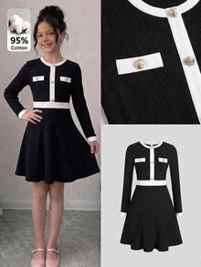 Tween Girl Elegant Black And White Color Block Button Decor Fitted Long Sleeve Midi Dress,Autumn/Winter Back-To-School Casual Tea Party Dress For Teen - Black - View 2