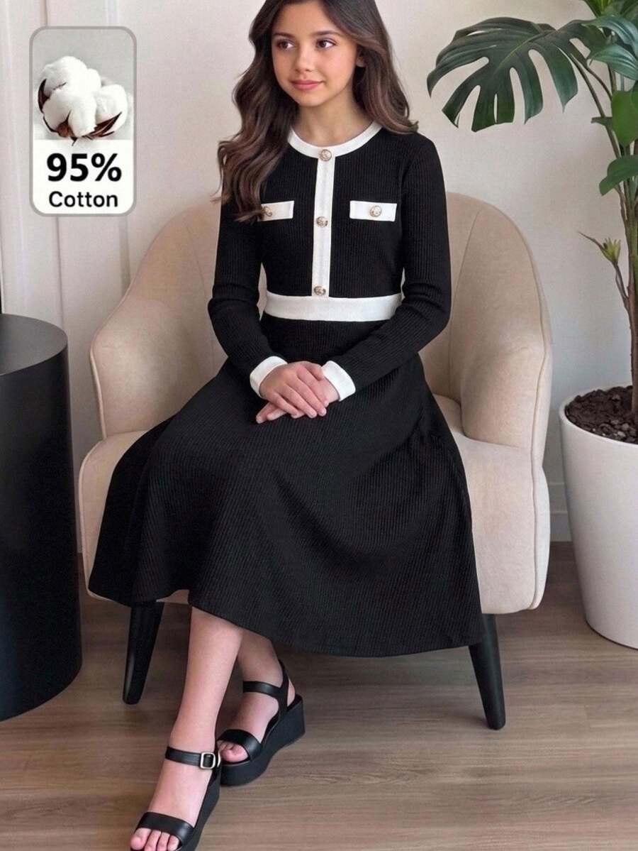Tween Girl Elegant Black And White Color Block Button Decor Fitted Long Sleeve Midi Dress,Autumn/Winter Back-To-School Casual Tea Party Dress For Teen - Black - View 1