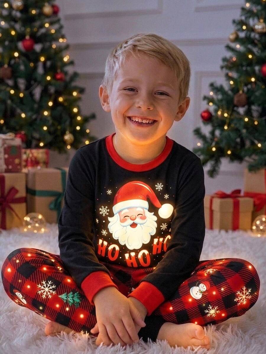 Bubblio Young Boy Santa Claus Kids Pattern Casual Minimalist Snug Fit Comfortable Thick Long Sleeve Crew Neck Pants Loungewear Suitable For Autumn/Winter - Multicolor - View 1