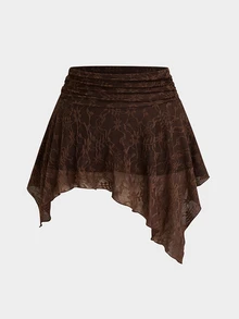 Sweetra Plus Size Women's Pleated Asymmetrical Hem Fashion Lace Skirt Fall - Coffee Brown - View 9