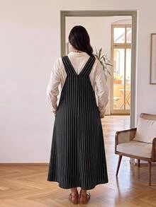 Enliva Plus Size Autumn Striped Loose Fit Pinafore Dress For Office Casual Formal Apple - Black - View 2