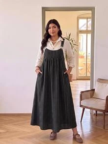 Enliva Plus Size Autumn Striped Loose Fit Pinafore Dress For Office Casual Formal Apple - Black - View 5
