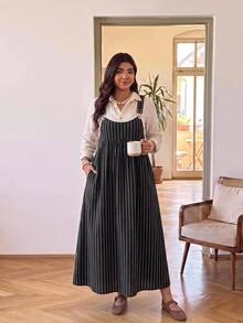 Enliva Plus Size Autumn Striped Loose Fit Pinafore Dress For Office Casual Formal Apple - Black - View 3