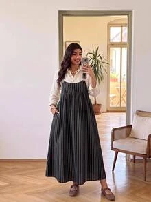 Enliva Plus Size Autumn Striped Loose Fit Pinafore Dress For Office Casual Formal Apple - Black - View 4