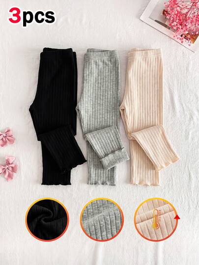SHEIN Vintaside Kids 3pcs/Set Baby Girls' Casual Baggy Ribbed Wavy Hem Elastic Waist Leggings Pink Black Autumn School House Pants 6 Months-3 Years Grey Apricot