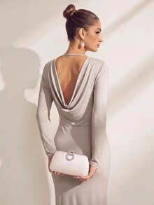 SHEIN Women's Cream Draped Back Long Sleeve Split Midi Dress, Elegant Bodycon Dress For Spring Fall Date Party Evening Wear - Dusty Purple - View 4