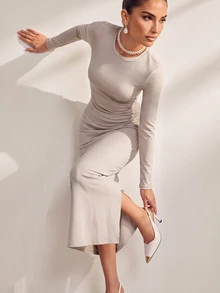 SHEIN Women's Cream Draped Back Long Sleeve Split Midi Dress, Elegant Bodycon Dress For Spring Fall Date Party Evening Wear - Dusty Purple - View 3