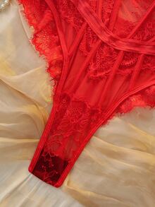 DelicateAllure 女款蕾絲拼接性感休閒細肩帶連身褲 - 紅色 - 查看 3