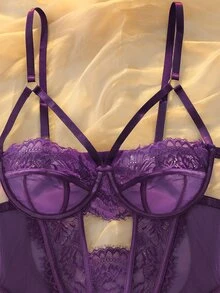 DelicateAllure 女款性感魚骨蕾絲連身內衣 - 紫色 - 查看 4