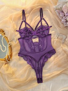 DelicateAllure 女款性感魚骨蕾絲連身內衣 - 紫色 - 查看 2