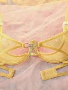 SHEIN AllurMyst 女款性感水鑽裝飾內衣胸罩內褲套裝 - 黃色 - 查看 6