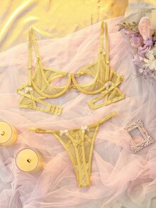 SHEIN AllurMyst 女款性感水鑽裝飾內衣胸罩內褲套裝 - 黃色 - 查看 2