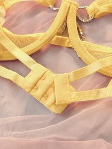 SHEIN AllurMyst 女款性感水鑽裝飾內衣胸罩內褲套裝 - 黃色 - 查看 3