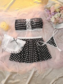 SHEIN AllurMyst Sexy Sweet Cute Plaid Lace-Up Contrast Color Maid Lingerie Set 4pcs Red & White - Black - View 1