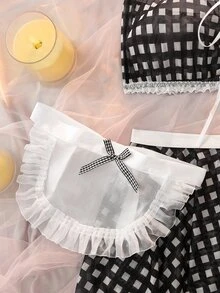 SHEIN AllurMyst Sexy Sweet Cute Plaid Lace-Up Contrast Color Maid Lingerie Set 4pcs Red & White - Black - View 6