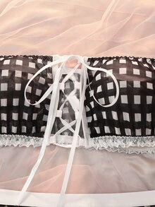SHEIN AllurMyst Sexy Sweet Cute Plaid Lace-Up Contrast Color Maid Lingerie Set 4pcs Red & White - Black - View 3