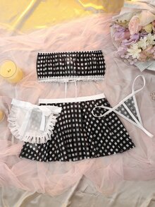 SHEIN AllurMyst Sexy Sweet Cute Plaid Lace-Up Contrast Color Maid Lingerie Set 4pcs Red & White - Black - View 2