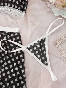 SHEIN AllurMyst Sexy Sweet Cute Plaid Lace-Up Contrast Color Maid Lingerie Set 4pcs Red & White - Black - View 4