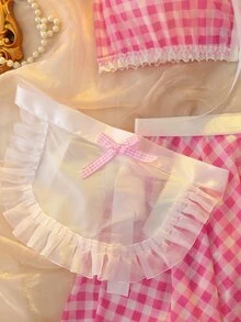 SHEIN AllurMyst 性感甜美可愛格紋綁帶撞色女僕內衣套裝 4件組 紅色與白色 - 粉色 - 查看 4