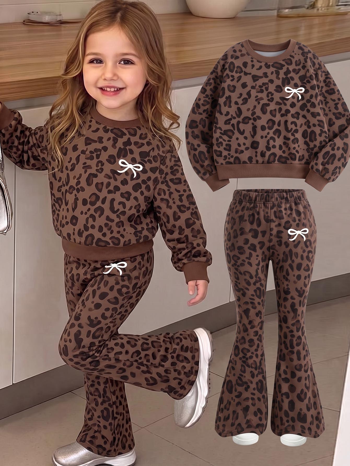 Young Girls 2pcs Set Brown Leopard Print Sweatshirt Flared Pants Outfits Cute Bowknot Decor Pullover Top For Fall Style Clothing Set School Birthday