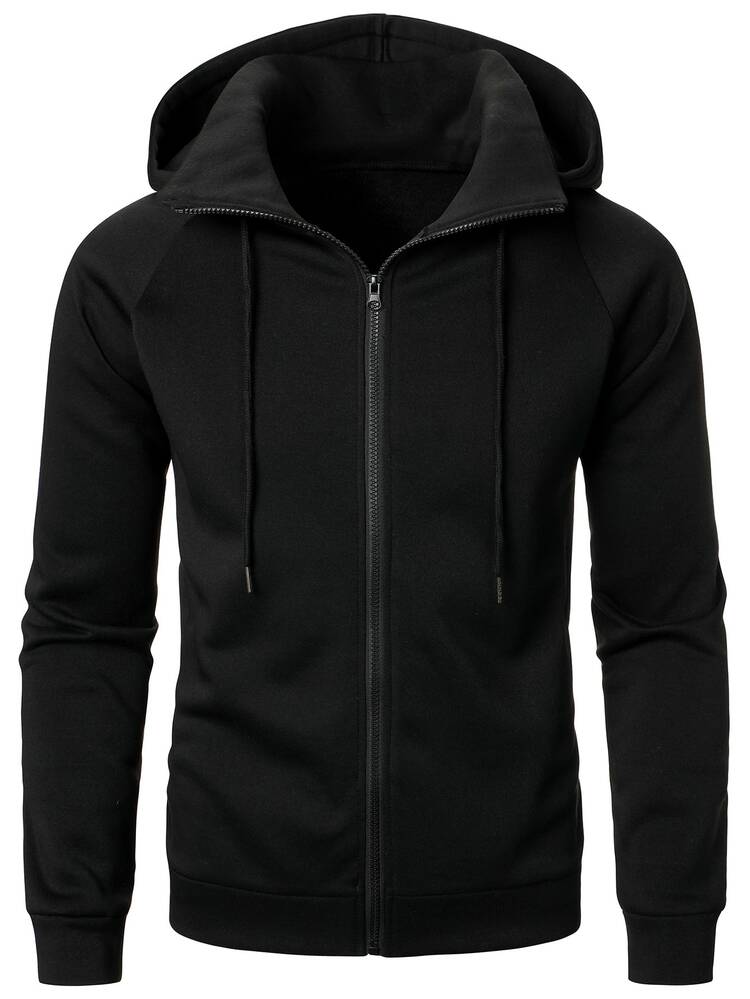 Manfinity Homme Men Solid Color Zipper Front Hooded Sweatshirt, Fall, Long Sleeve Top - Black - View 5