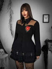 Whyspr Plus Size Women's Long Sleeve Black Punk Print Fitted Shirt, Casual Cool Style For Early Autumn Halloween Fall - Black - View 5