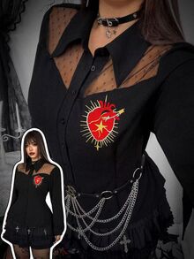 Whyspr Plus Size Women's Long Sleeve Black Punk Print Fitted Shirt, Casual Cool Style For Early Autumn Halloween Fall - Black - View 1