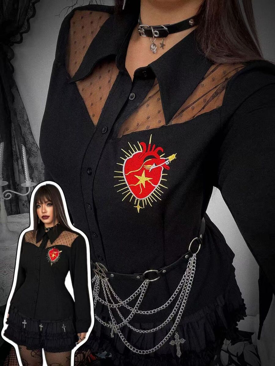 Whyspr Plus Size Women's Long Sleeve Black Punk Print Fitted Shirt, Casual Cool Style For Early Autumn Halloween Fall - Black - View 1