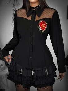 Whyspr Plus Size Women's Long Sleeve Black Punk Print Fitted Shirt, Casual Cool Style For Early Autumn Halloween Fall - Black - View 7