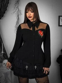 Whyspr Plus Size Women's Long Sleeve Black Punk Print Fitted Shirt, Casual Cool Style For Early Autumn Halloween Fall - Black - View 4