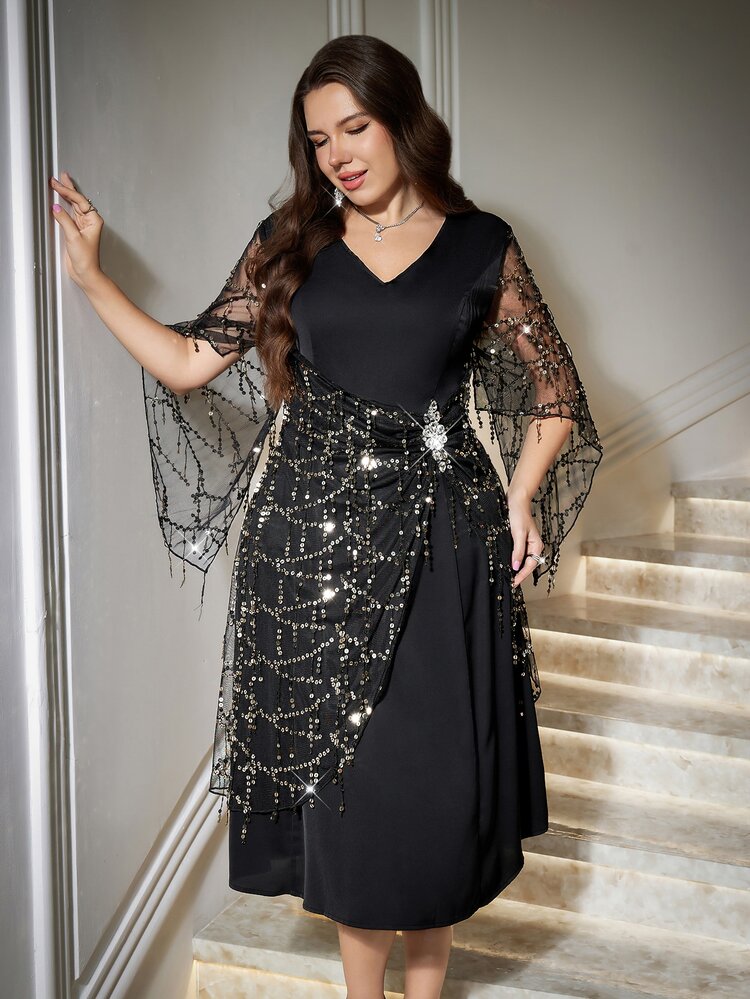 SHEIN Clasi Plus Size Elegant Luxury Sequin V-Neck Dress For Evening Party Fall - Black - View 3