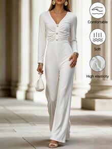 SHEIN Spring New Beige Ribbed V-Neck Long Sleeve Jumpsuit, Twisted Front Waist With Flared Hem, Elegant Style, Suitable For Graduation, Christmas, Commuting, Vacation And Other Occasions, Women's Casual Jumpsuit - White - View 4