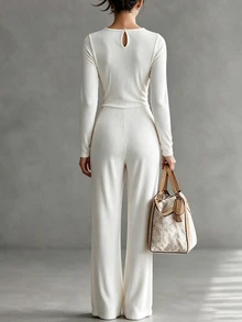 SHEIN Spring New Beige Ribbed V-Neck Long Sleeve Jumpsuit, Twisted Front Waist With Flared Hem, Elegant Style, Suitable For Graduation, Christmas, Commuting, Vacation And Other Occasions, Women's Casual Jumpsuit - White - View 2