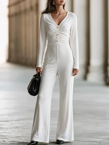 SHEIN Spring New Beige Ribbed V-Neck Long Sleeve Jumpsuit, Twisted Front Waist With Flared Hem, Elegant Style, Suitable For Graduation, Christmas, Commuting, Vacation And Other Occasions, Women's Casual Jumpsuit - White - View 6