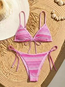 Maija 女款夏季海灘拼色性感比基尼三角褲兩件式泳衣套裝 - 粉色 - 查看 3