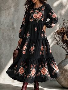 Ceyna Plus Size Women's French Casual Elegant Floral Print Round Neck Long Sleeve Dress Fall - Black - View 6