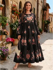 Ceyna Plus Size Women's French Casual Elegant Floral Print Round Neck Long Sleeve Dress Fall - Black - View 1