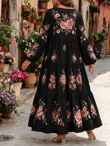 Ceyna Plus Size Women's French Casual Elegant Floral Print Round Neck Long Sleeve Dress Fall - Black - View 2
