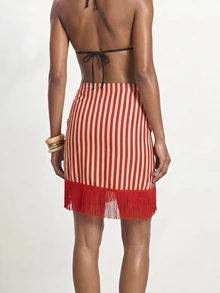 Maija Women's Striped Casual Daily Cover-Up Skirt - Red - View 4