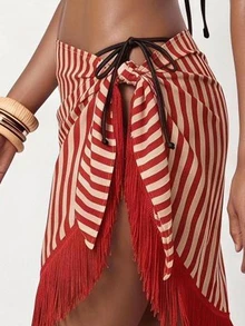 Maija Women's Striped Casual Daily Cover-Up Skirt - Red - View 5