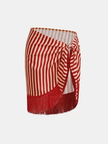 Maija Women's Striped Casual Daily Cover-Up Skirt - Red - View 6