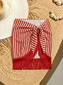Maija Women's Striped Casual Daily Cover-Up Skirt - Red - View 3