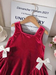 SHEIN 1pc Young Girl Velvet A-Line Dress Elegant Sweet Burgundy Big Back Bow Pleated Square Neck Regular Christmas Party Winter Christmas Cardigan Pull Luxury - Red - View 5