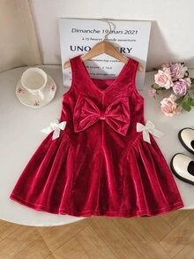 SHEIN 1pc Young Girl Velvet A-Line Dress Elegant Sweet Burgundy Big Back Bow Pleated Square Neck Regular Christmas Party Winter Christmas Cardigan Pull Luxury - Red - View 1